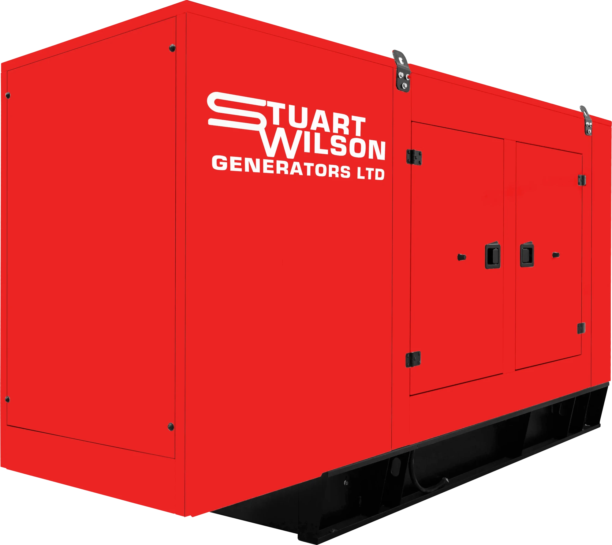 A large red generator. The words Stuart Wilson Generators LTD logo is written on the side.